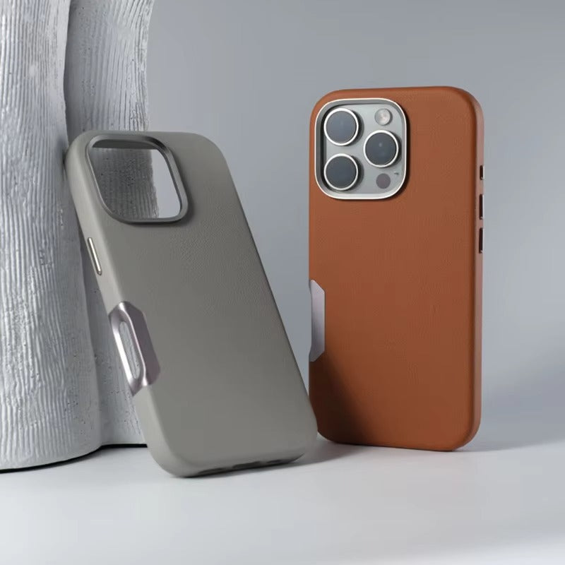 Luxury iPhone MagSafe Leather Case — Simple Solid Color Hard PC Cover, Wireless Charging Compatible, Alloy Lens Protection, Matte Anti-Fingerprint Finish