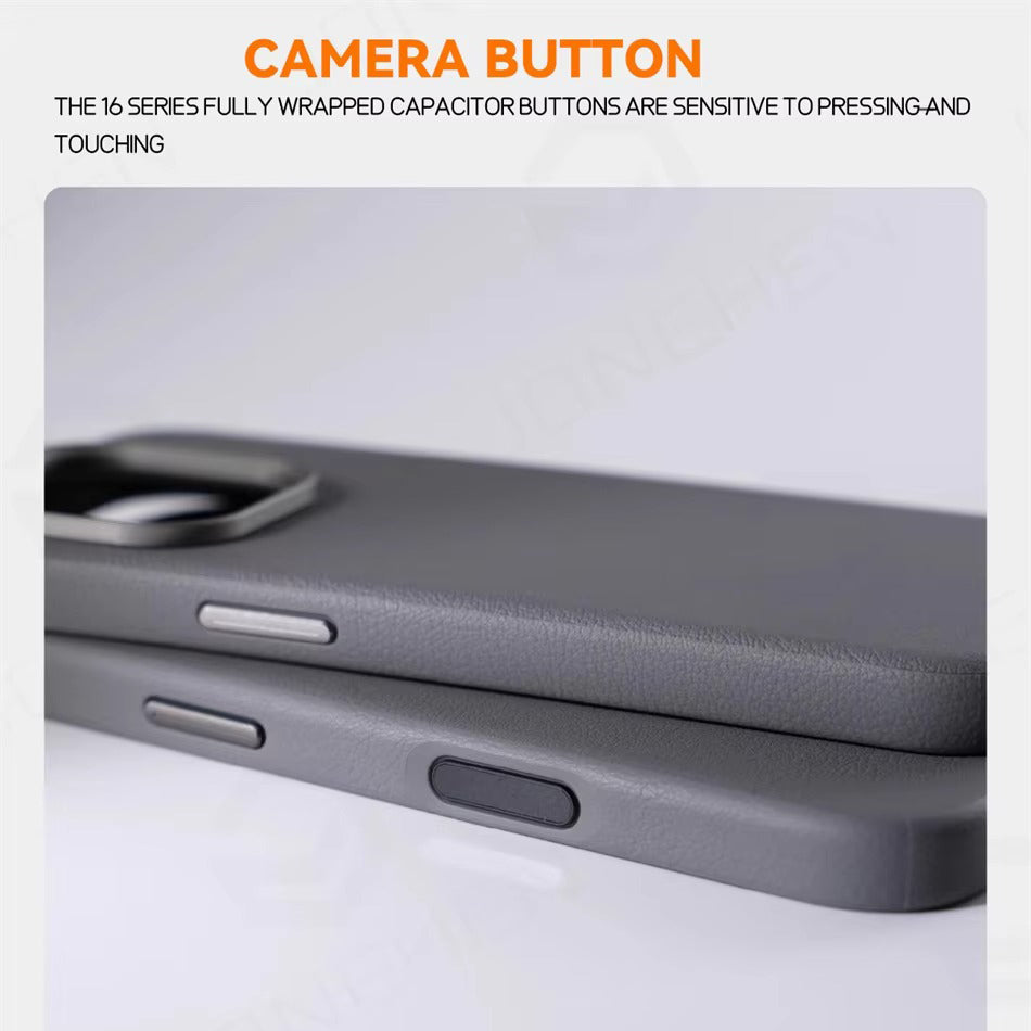 Luxury iPhone MagSafe Leather Case — Simple Solid Color Hard PC Cover, Wireless Charging Compatible, Alloy Lens Protection, Matte Anti-Fingerprint Finish