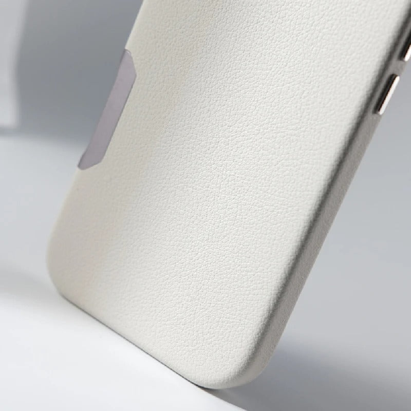 Luxury iPhone MagSafe Leather Case — Simple Solid Color Hard PC Cover, Wireless Charging Compatible, Alloy Lens Protection, Matte Anti-Fingerprint Finish