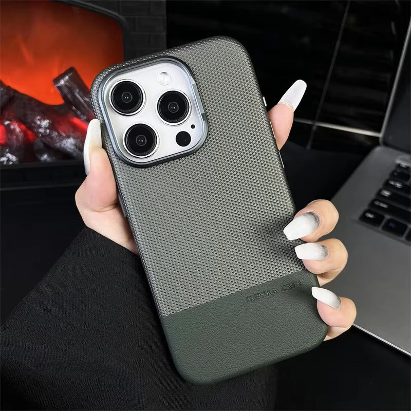 Luxury iPhone MagSafe Leather Case — Trendy Hit Color Relief Design with Alloy Lens Protection, Wireless Charging, Shockproof Anti-Fingerprint Cover