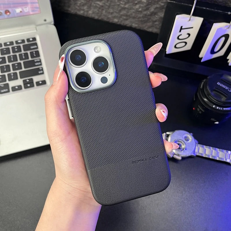 Luxury iPhone MagSafe Leather Case — Trendy Hit Color Relief Design with Alloy Lens Protection, Wireless Charging, Shockproof Anti-Fingerprint Cover