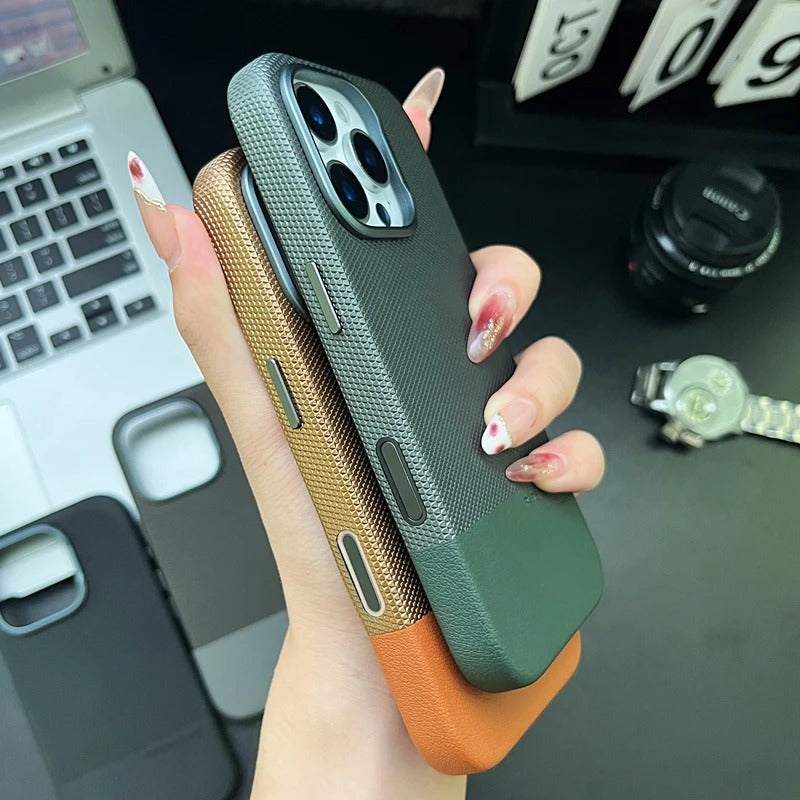 Luxury iPhone MagSafe Leather Case — Trendy Hit Color Relief Design with Alloy Lens Protection, Wireless Charging, Shockproof Anti-Fingerprint Cover