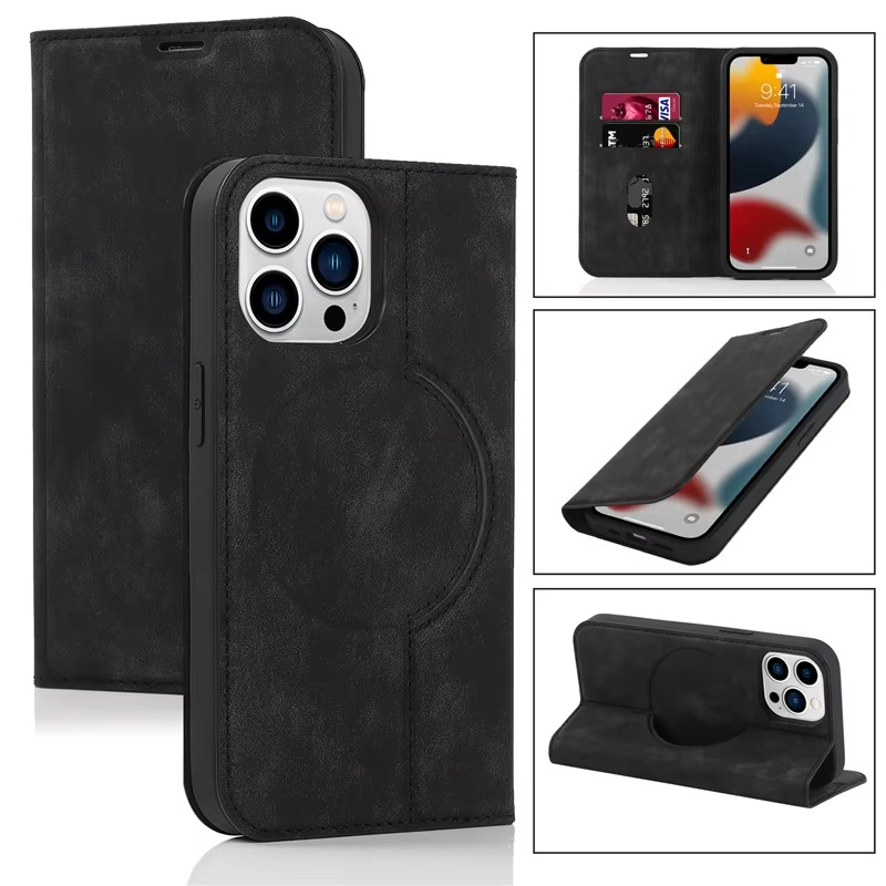 Luxury iPhone Case Genuine Cowhide Leather Wallet Cover — Magnetic Card Holder Plating Shell, Shockproof Dual Layer Protection, Anti-Fingerprint Scratch-Resistant