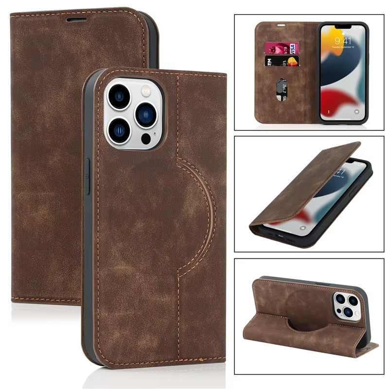 Luxury iPhone Case Genuine Cowhide Leather Wallet Cover — Magnetic Card Holder Plating Shell, Shockproof Dual Layer Protection, Anti-Fingerprint Scratch-Resistant
