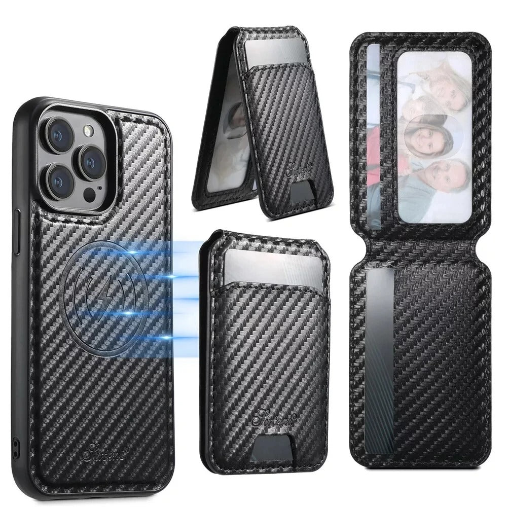 Luxury iPhone MagSafe Wallet Case with Removable Card Holder — Carbon Fiber Texture, Magnetic Cover, Shockproof Anti-Scratch Dustproof Non-Slip Design