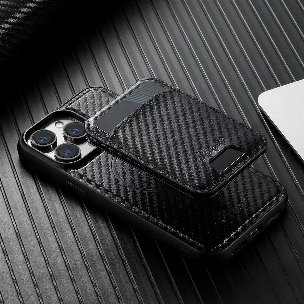 Luxury iPhone MagSafe Wallet Case with Removable Card Holder — Carbon Fiber Texture, Magnetic Cover, Shockproof Anti-Scratch Dustproof Non-Slip Design