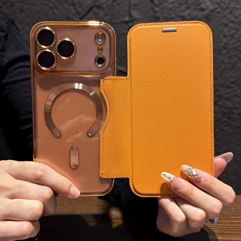Luxury iPhone Magnetic Flip Case — PU Leather Plating Clear Cover with Card Holder, MagSafe Stand Support, Shockproof Anti-Fingerprint Full Coverage Design