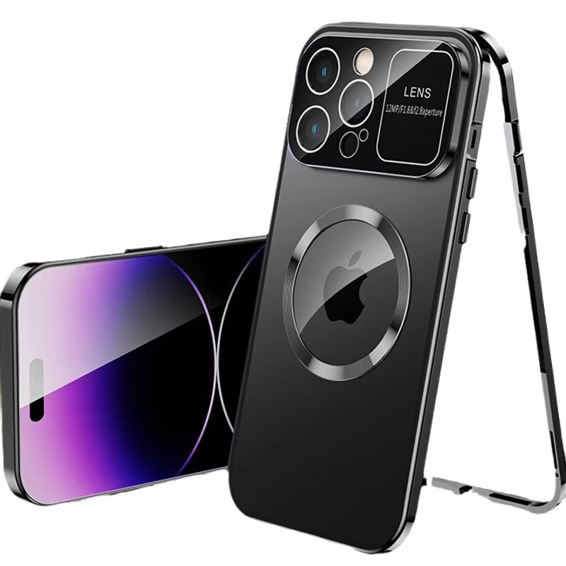 Luxury iPhone Magnetic Metal Case with Large Window Lens Protection — Aluminum Frame, Tempered Glass Screen Protector, Shockproof Slim Scratch-Resistant Cover
