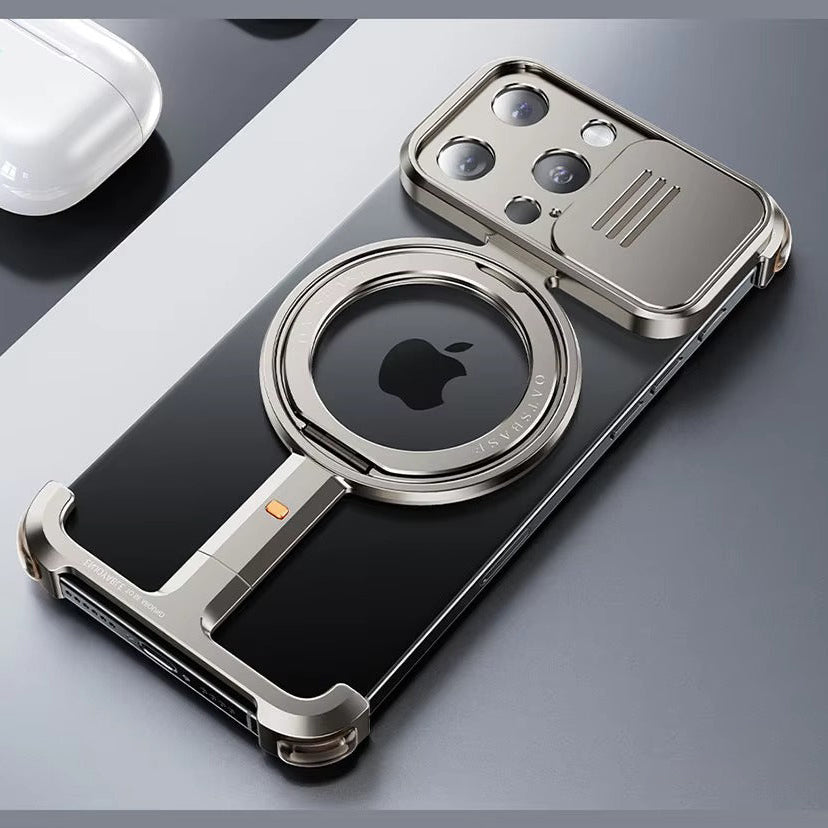 Luxury iPhone Metal Frameless Magnetic Case — Aluminum Alloy Cover with Ring Stand, Shockproof Camera Protection, Heavy Duty Matte Finish