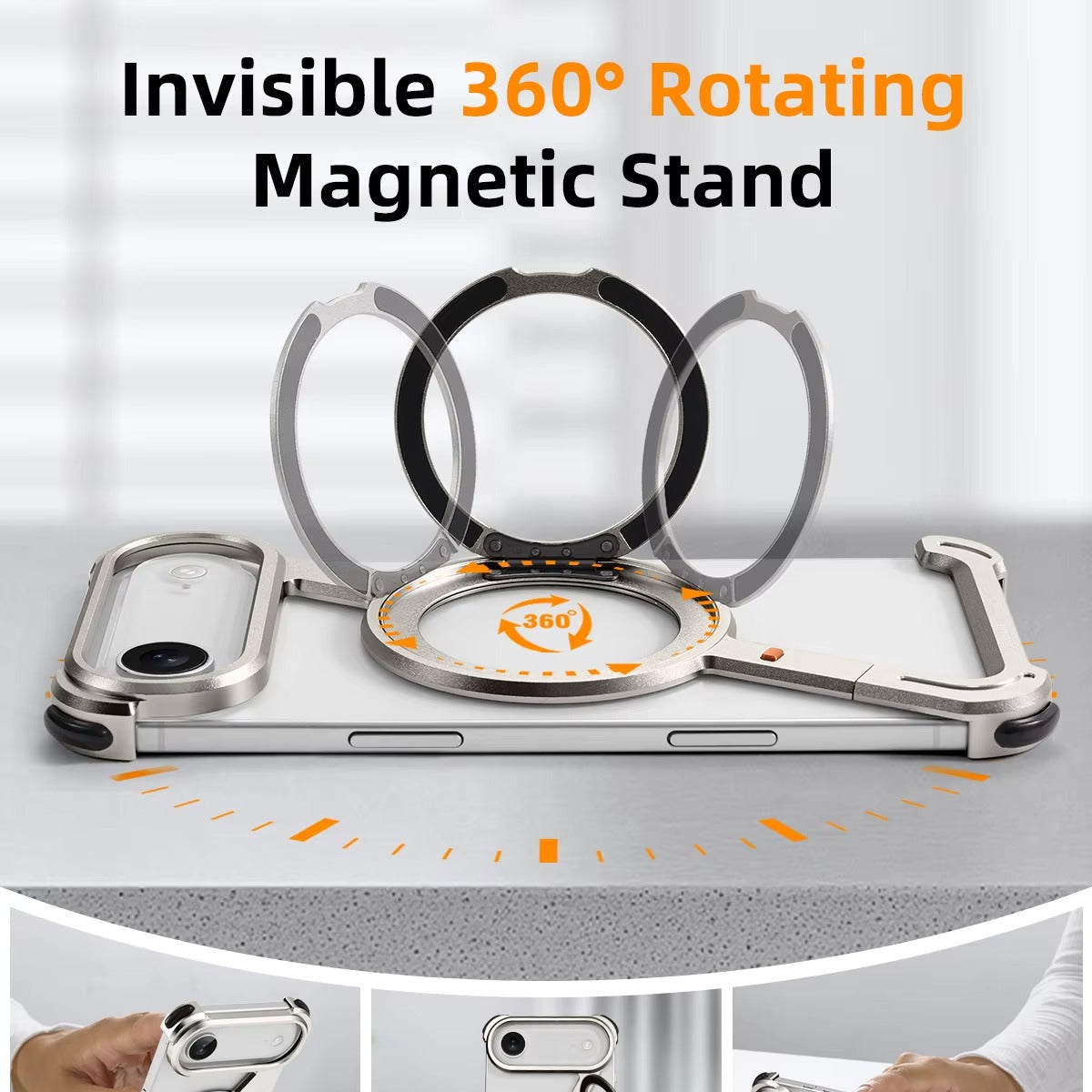 Luxury iPhone Metal Magnetic Case — Frameless Aluminum Alloy Cover with 360° Rotating Stand Ring, MagSafe Compatible Shockproof Protective Design