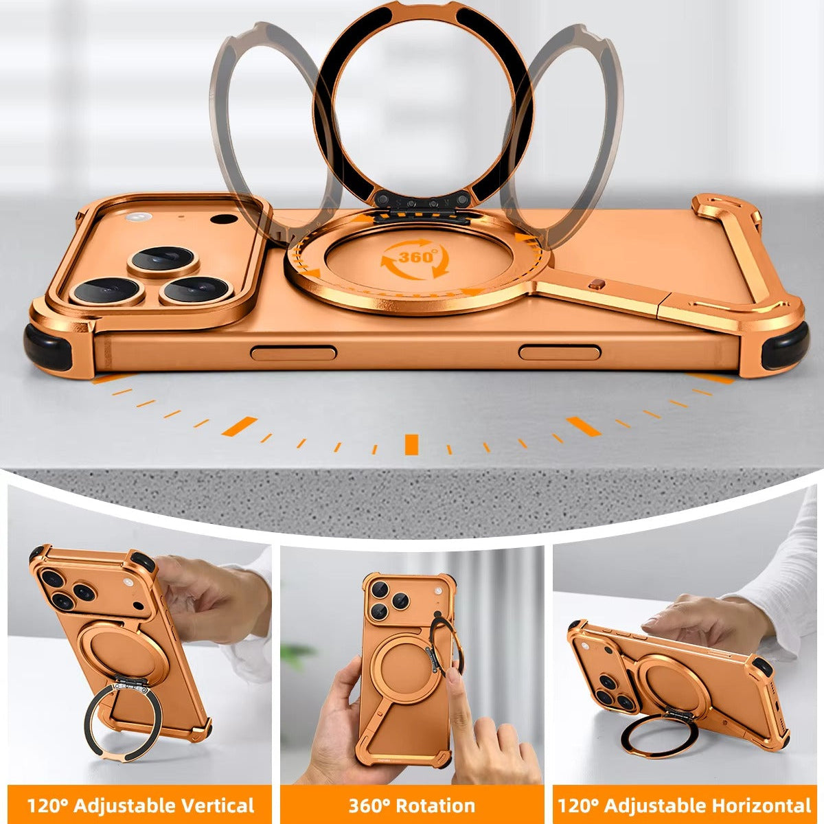 Luxury iPhone Metal Magnetic Case — Frameless Aluminum Alloy Cover with 360° Rotating Stand Ring, MagSafe Compatible Shockproof Protective Design