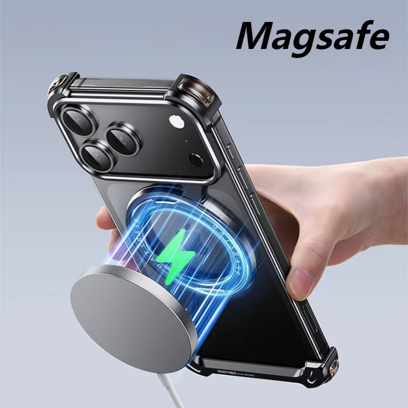 Luxury iPhone Metal Magnetic Case — Frameless Aluminum Alloy Cover with 360° Rotating Stand Ring, MagSafe Compatible Shockproof Protective Design