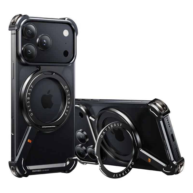Luxury iPhone Metal Magnetic Case — Frameless Aluminum Alloy Cover with 360° Rotating Stand Ring, MagSafe Compatible Shockproof Protective Design