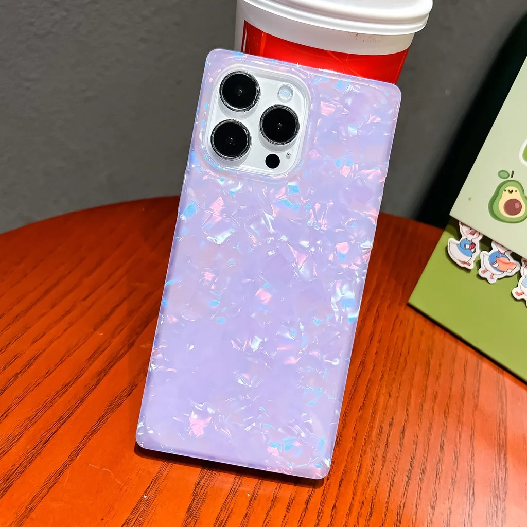 Luxury iPhone Mother of Pearl Case — Slim Rectangle Edge Design, Colorful Abalone Pattern Soft Silicone Cover, Shockproof Stylish Protective Finish