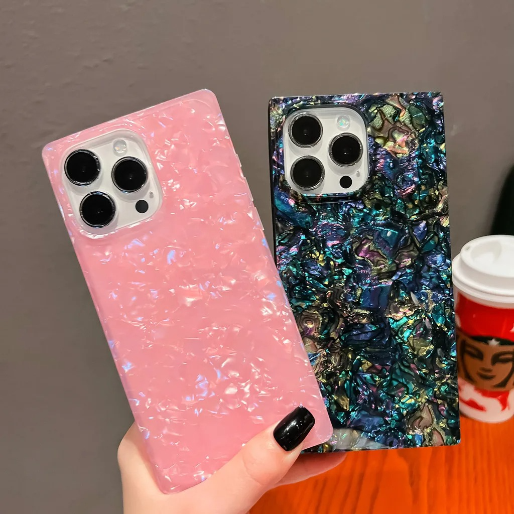 Luxury iPhone Mother of Pearl Case — Slim Rectangle Edge Design, Colorful Abalone Pattern Soft Silicone Cover, Shockproof Stylish Protective Finish