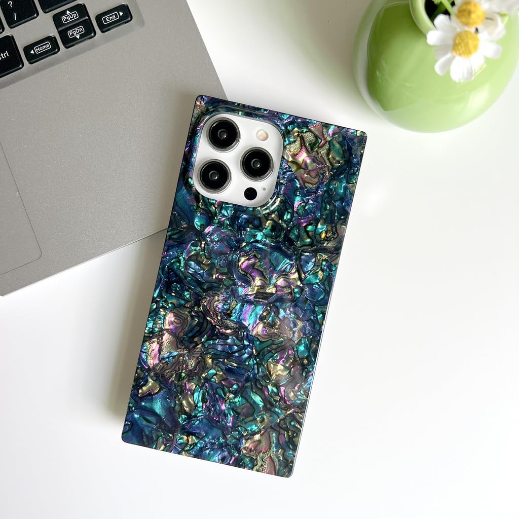 Luxury iPhone Mother of Pearl Case — Slim Rectangle Edge Design, Colorful Abalone Pattern Soft Silicone Cover, Shockproof Stylish Protective Finish