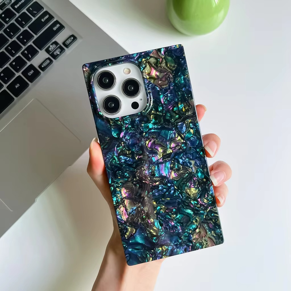 Luxury iPhone Mother of Pearl Case — Slim Rectangle Edge Design, Colorful Abalone Pattern Soft Silicone Cover, Shockproof Stylish Protective Finish