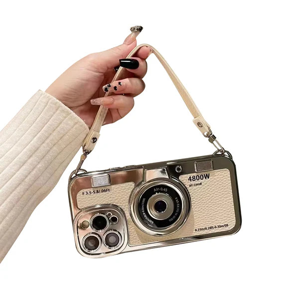 Luxury iPhone Retro Camera Case Emily in Paris Edition — PU Leather Sling Cover with Bracelet Strap, Stylish Pictorial Design, Shockproof Protective Finish