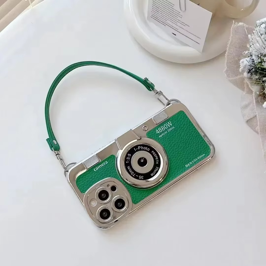 Luxury iPhone Retro Camera Case Emily in Paris Edition — PU Leather Sling Cover with Bracelet Strap, Stylish Pictorial Design, Shockproof Protective Finish