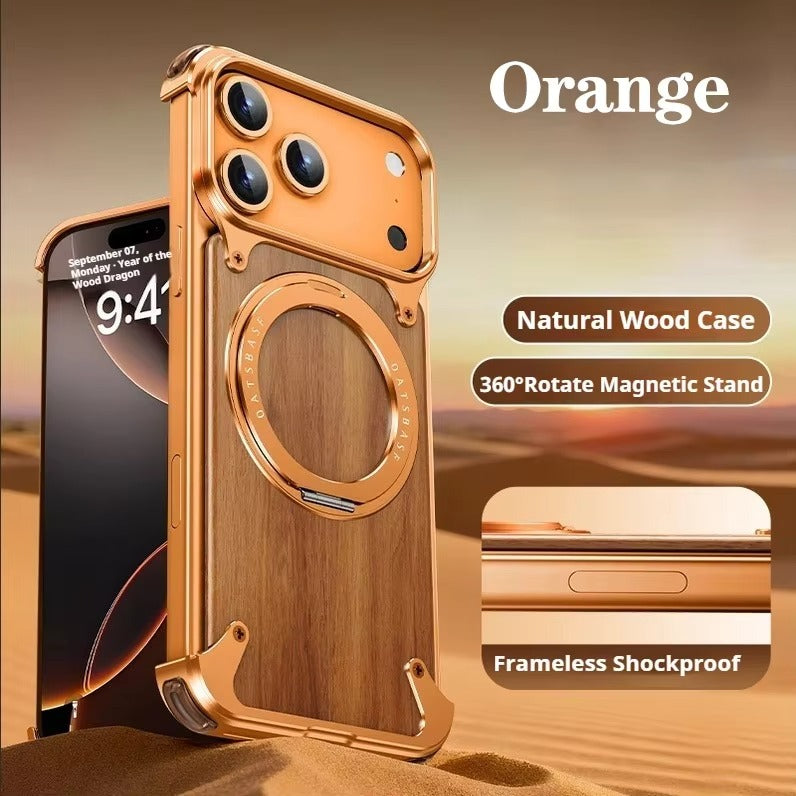 Luxury iPhone Solid Wood MagSafe Case — 360° Rotatable Stand Ring, Aluminum Alloy Bumper, Slim Shockproof Non-Slip Protective Cover