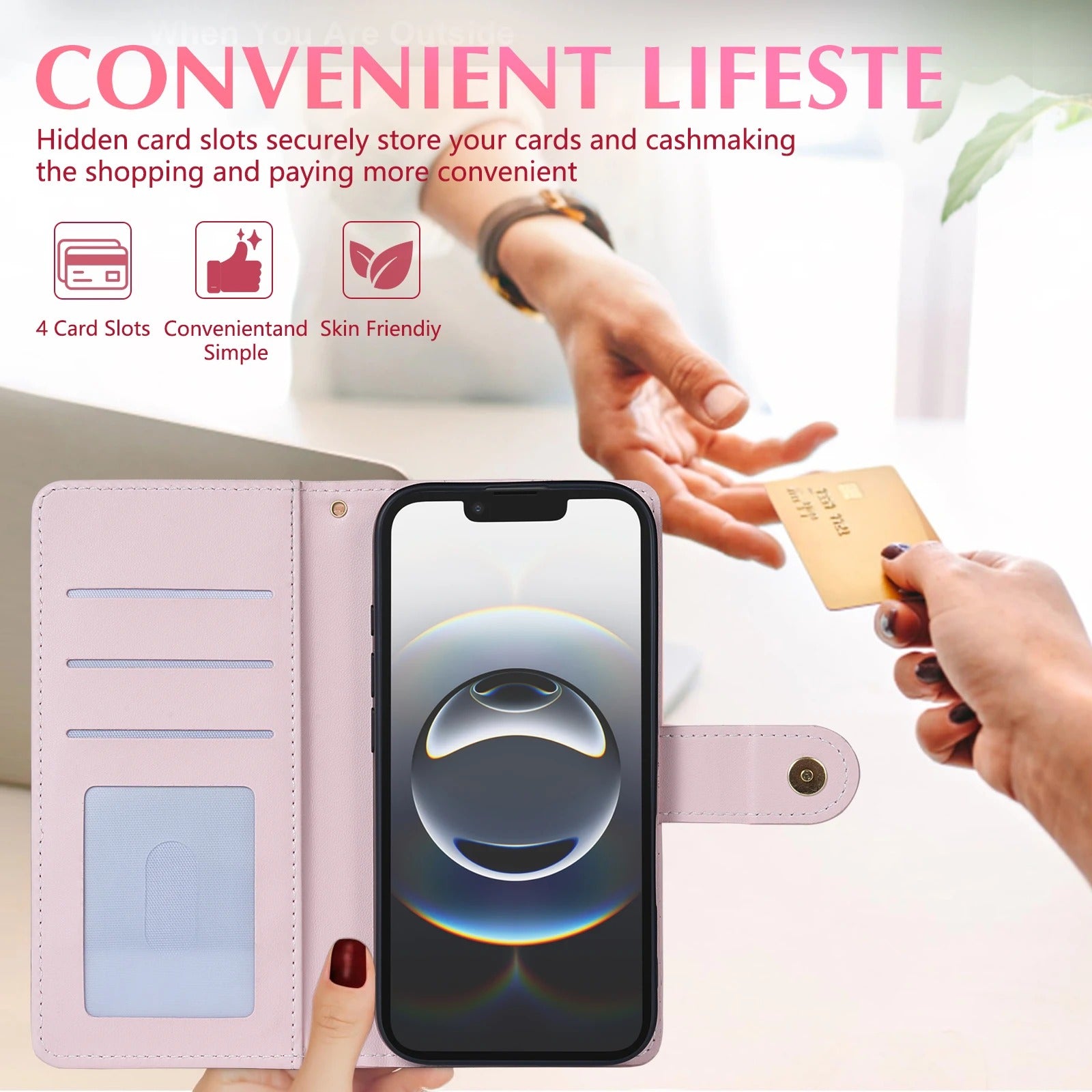 Luxury iPhone Wallet Case 3D Grid Leather Flip Cover — Card Holder Slots, Magnetic Closure, Wrist Strap, Kickstand Function, Shockproof Anti-Fingerprint Design