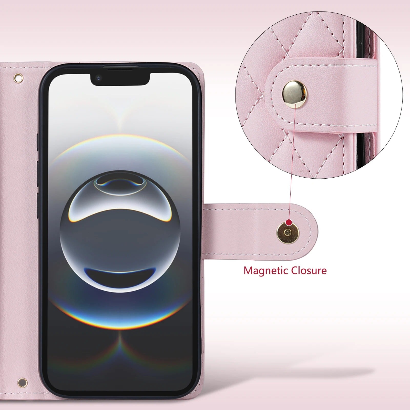 Luxury iPhone Wallet Case 3D Grid Leather Flip Cover — Card Holder Slots, Magnetic Closure, Wrist Strap, Kickstand Function, Shockproof Anti-Fingerprint Design