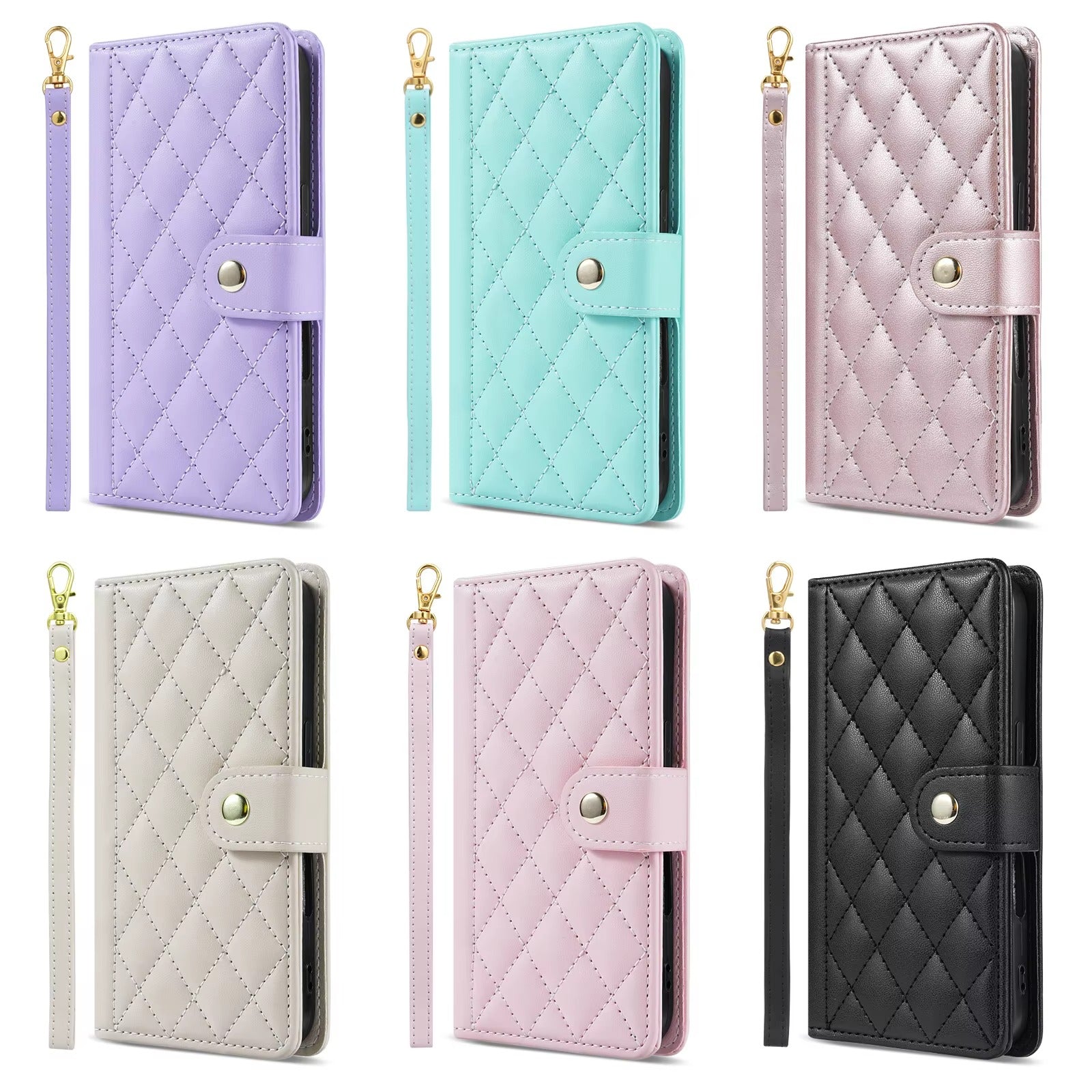 Luxury iPhone Wallet Case 3D Grid Leather Flip Cover — Card Holder Slots, Magnetic Closure, Wrist Strap, Kickstand Function, Shockproof Anti-Fingerprint Design