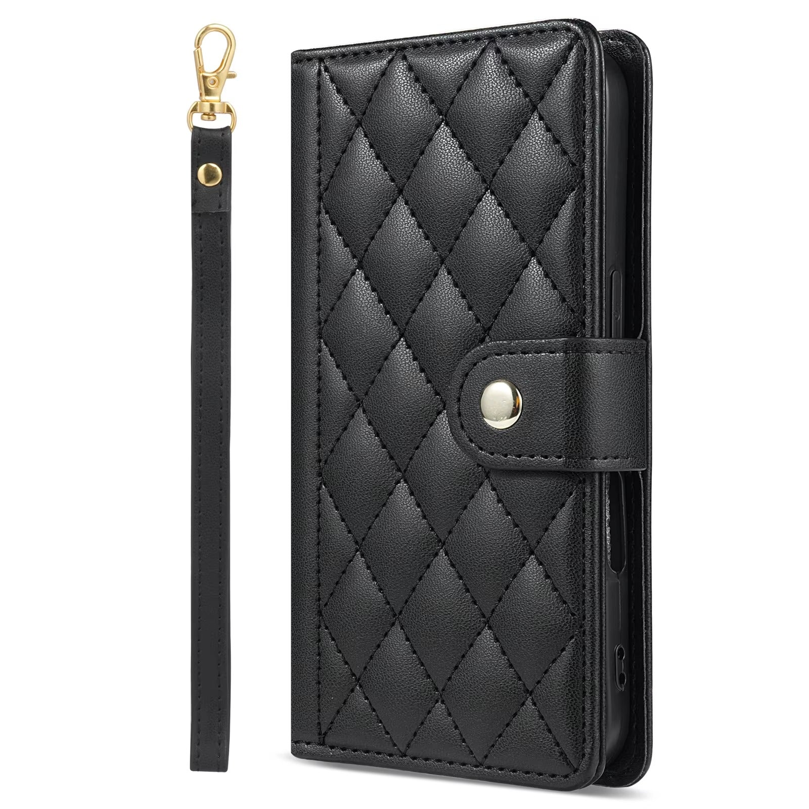 Luxury iPhone Wallet Case 3D Grid Leather Flip Cover — Card Holder Slots, Magnetic Closure, Wrist Strap, Kickstand Function, Shockproof Anti-Fingerprint Design