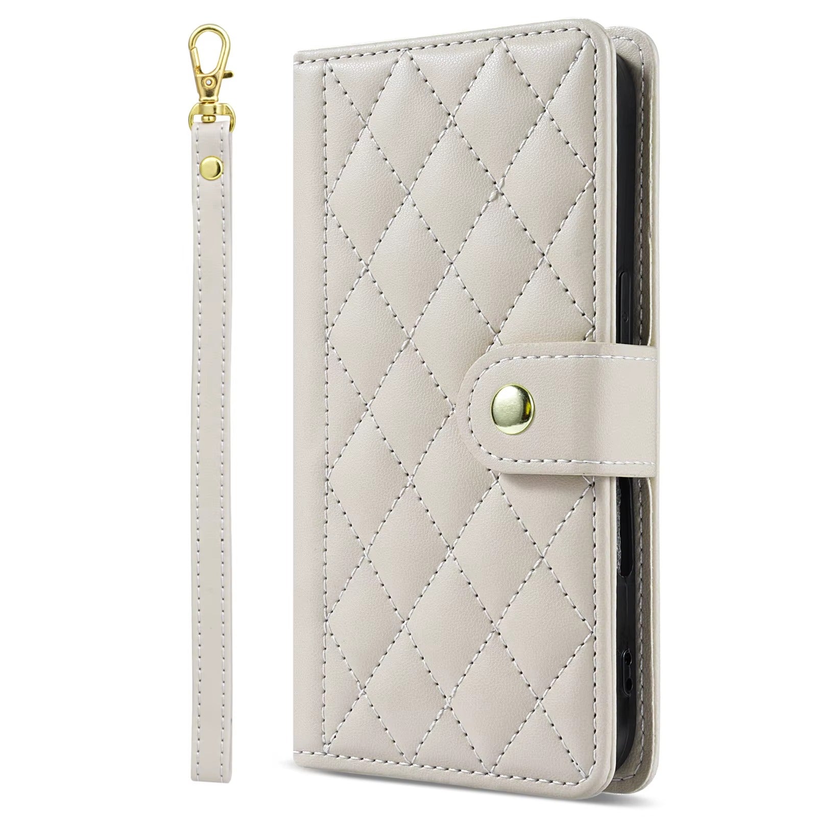 Luxury iPhone Wallet Case 3D Grid Leather Flip Cover — Card Holder Slots, Magnetic Closure, Wrist Strap, Kickstand Function, Shockproof Anti-Fingerprint Design