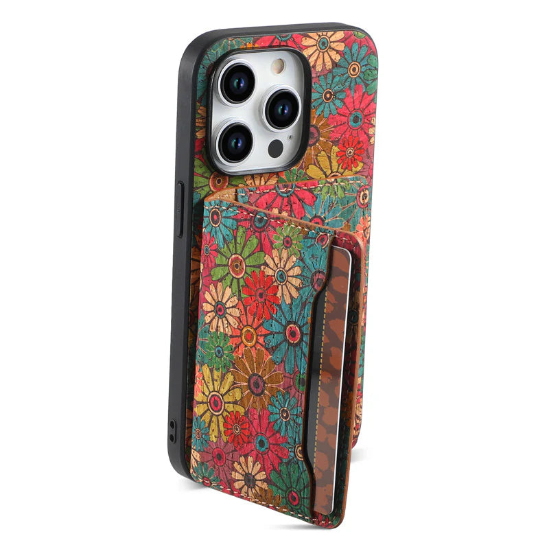 Luxury iPhone Wallet Case with Card Slots — Floral Pattern PU Leather Cover, Kickstand Function, Shockproof Non-Slip Design, Stylish Full Body Protection