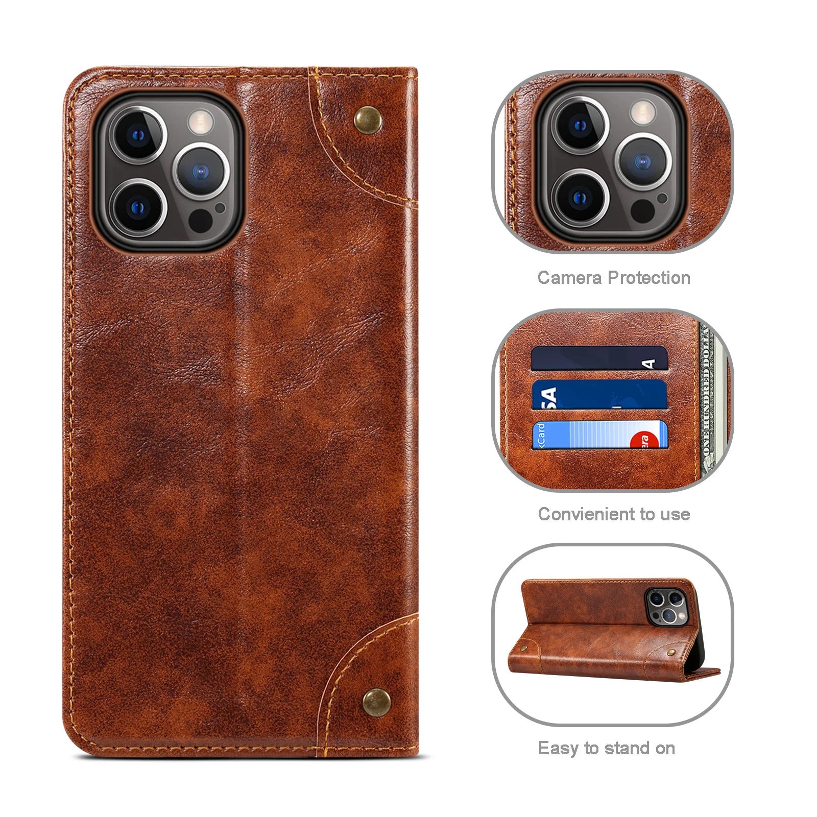 Luxury iPhone Wallet Flip Case Genuine Leather — Magnetic Book-Style Cover with Card Slots, Kickstand Function, Water-Resistant Full Body Protection