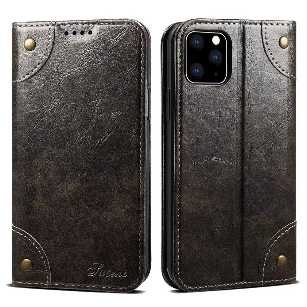 Luxury iPhone Wallet Flip Case Genuine Leather — Magnetic Book-Style Cover with Card Slots, Kickstand Function, Water-Resistant Full Body Protection