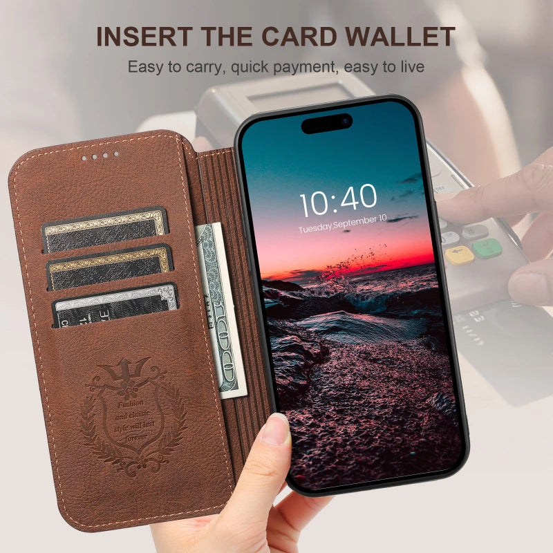 Luxury iPhone Wallet Flip Leather Case — Anti-Theft RFID Blocking Cover, Magnetic Wireless Charging Compatible, Book-Style Design with Kickstand Function