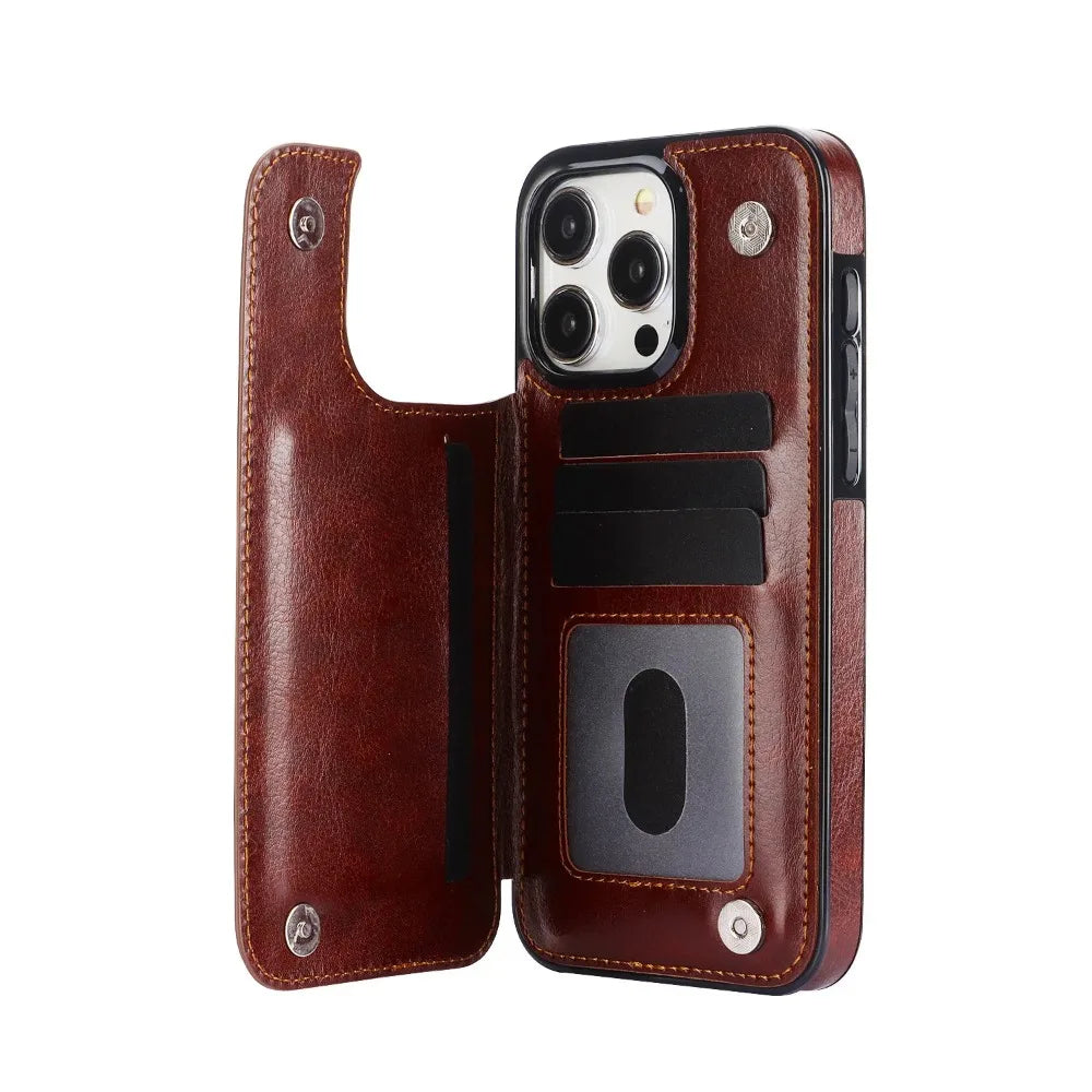 Luxury iPhone Wallet Flip Leather Case — Double Button Card Slot Holder, Stand Function, Full Coverage Shockproof Protection, Non-Slip Durable Design