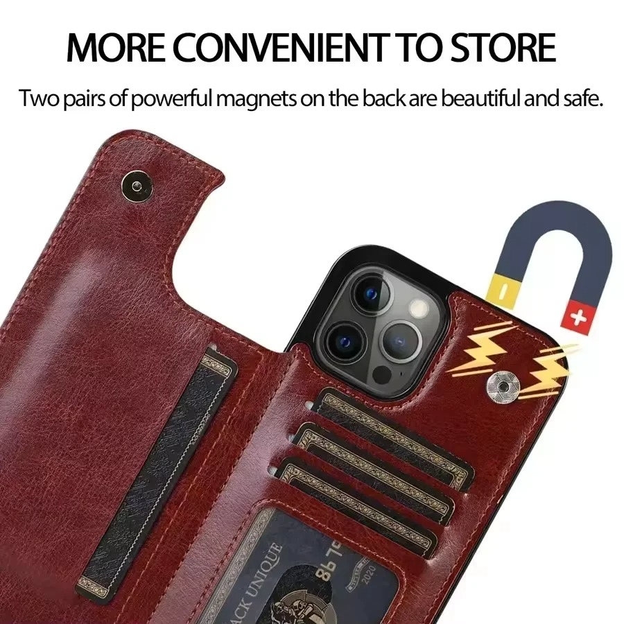 Luxury iPhone Wallet Flip Leather Case — Double Button Card Slot Holder, Stand Function, Full Coverage Shockproof Protection, Non-Slip Durable Design