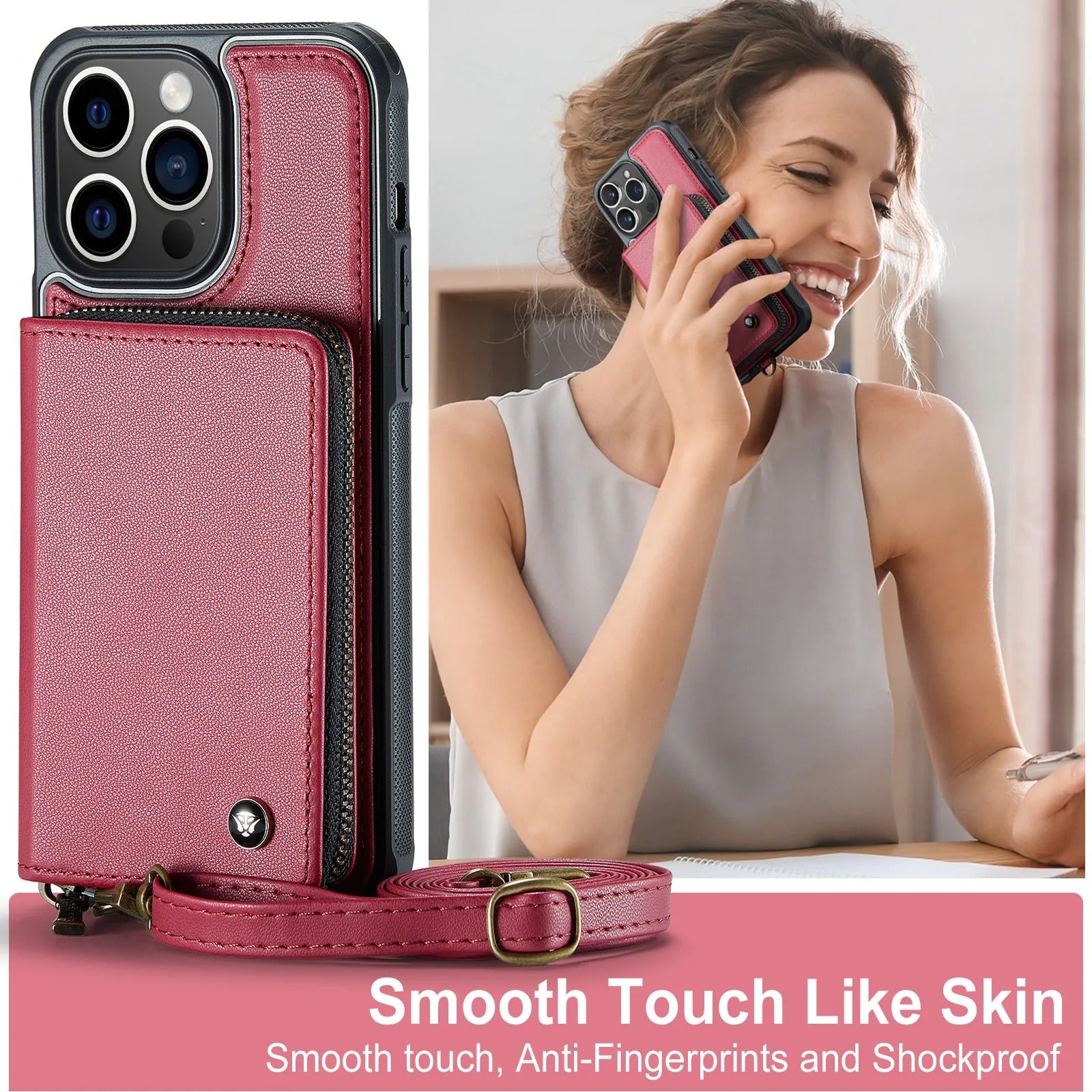 Luxury iPhone Zipper Wallet Case PU Leather Cover — Card Holder Slots, Stand Function, Hand Strap, Shockproof Drop Protection, Anti-Fingerprint Matte Finish