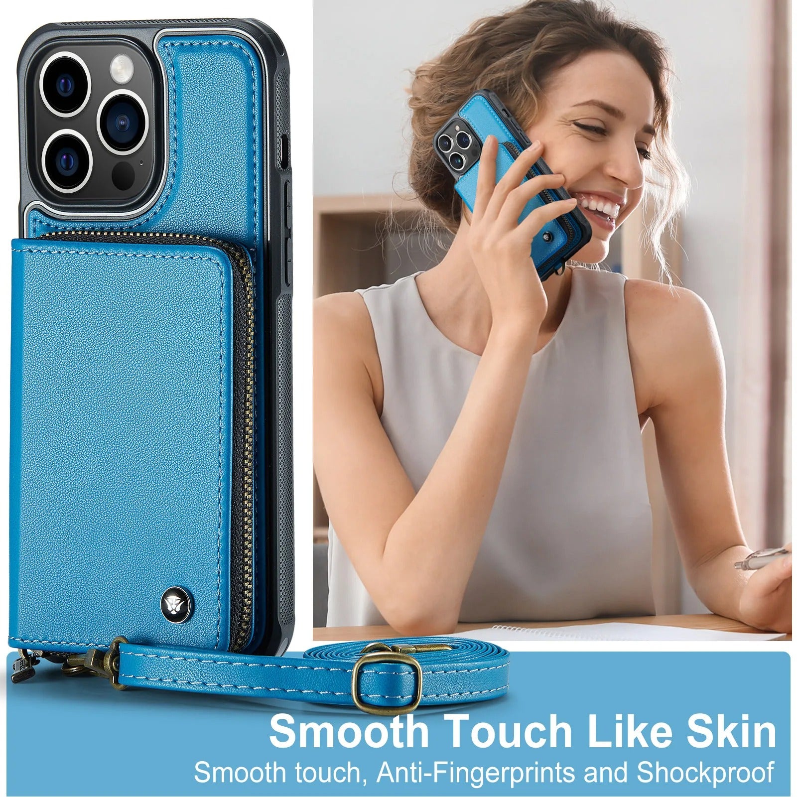 Luxury iPhone Zipper Wallet Case PU Leather Cover — Card Holder Slots, Stand Function, Hand Strap, Shockproof Drop Protection, Anti-Fingerprint Matte Finish