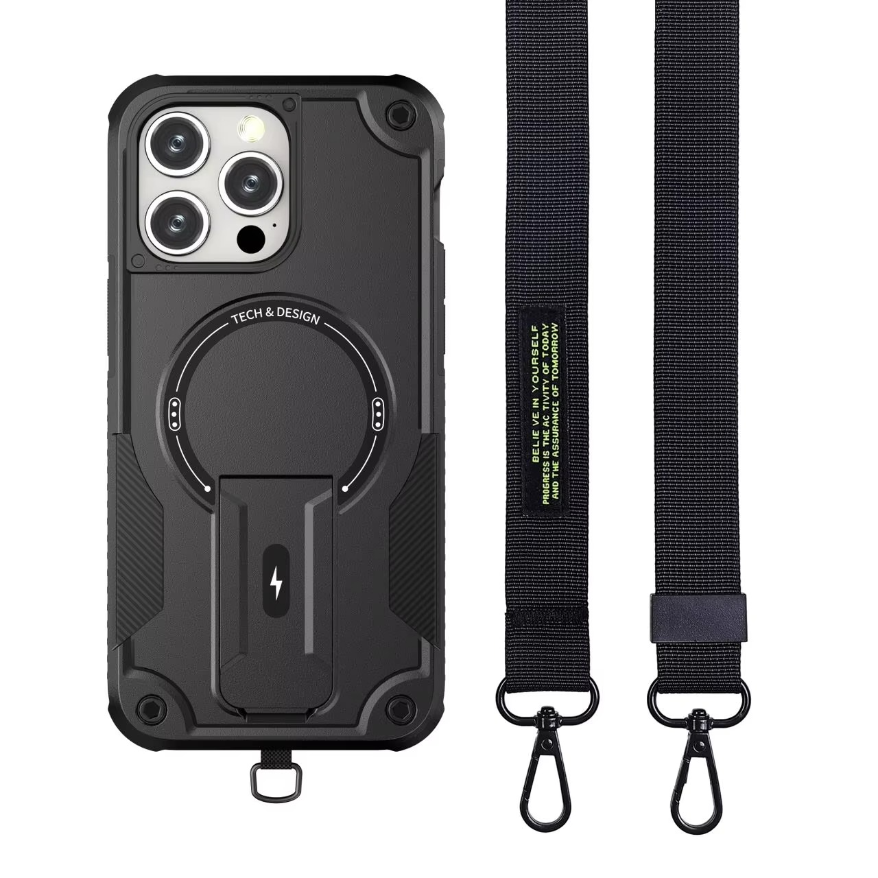 Military-Grade Magnetic iPhone Case — Hidden Stand, Shockproof, Anti-Fingerprint, Anti-Scratch, Dual Layer Protection, Lanyard Wristband, Full Coverage