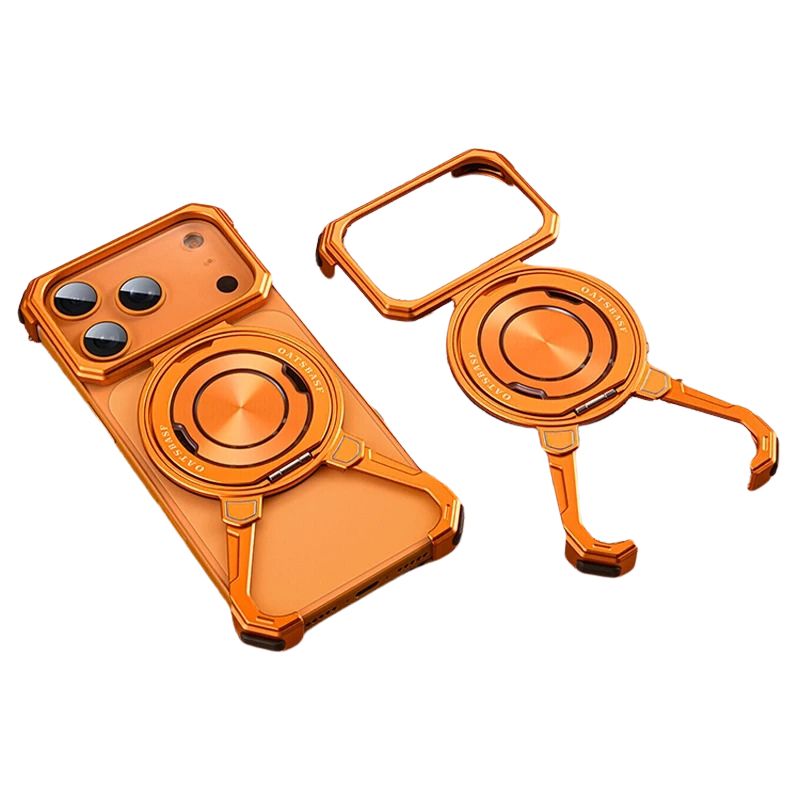 Minimalist iPhone Case — Aluminum Frameless MagSafe Cover with 360° Rotating Stand Ring and Shockproof Protective Design