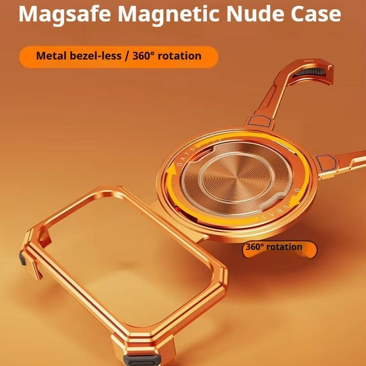 Minimalist iPhone Case — Aluminum Frameless MagSafe Cover with 360° Rotating Stand Ring and Shockproof Protective Design