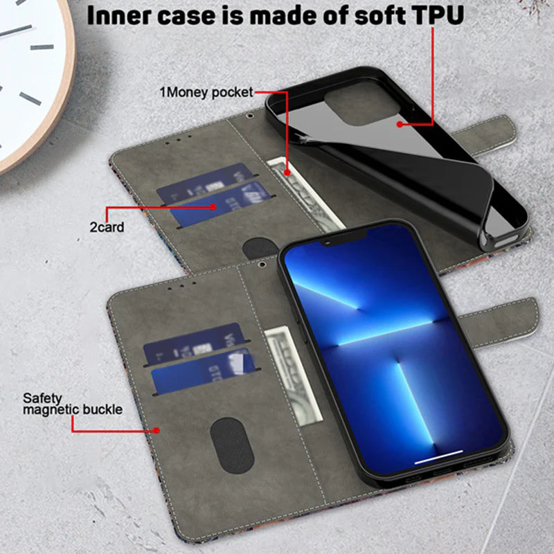 Premium 3D Leather Flip Wallet Case - PU Leather Flip Cover with Card Slots, Anti-Fingerprint & Scratch-Resistant Design