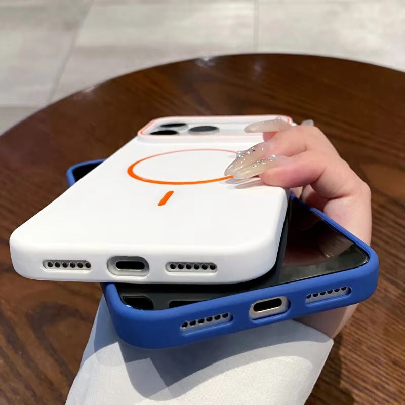 Premium iPhone Case — Frosted Silicone MagSafe Half-Wrapped Shockproof Cover with Color-Collision Design, Anti-Fingerprint, Non-Slip, Lightweight Wireless-Charging Compatibility