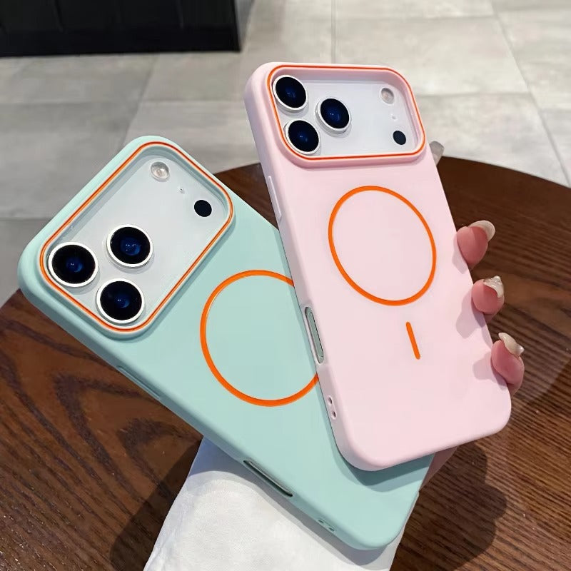 Premium iPhone Case — Frosted Silicone MagSafe Half-Wrapped Shockproof Cover with Color-Collision Design, Anti-Fingerprint, Non-Slip, Lightweight Wireless-Charging Compatibility