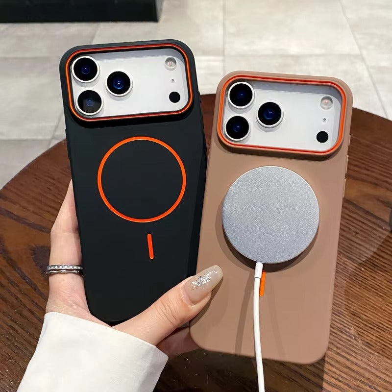 Premium iPhone Case — Frosted Silicone MagSafe Half-Wrapped Shockproof Cover with Color-Collision Design, Anti-Fingerprint, Non-Slip, Lightweight Wireless-Charging Compatibility