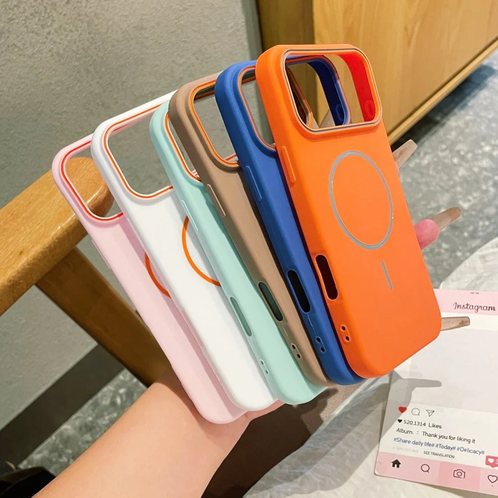 Premium iPhone Case — Frosted Silicone MagSafe Half-Wrapped Shockproof Cover with Color-Collision Design, Anti-Fingerprint, Non-Slip, Lightweight Wireless-Charging Compatibility
