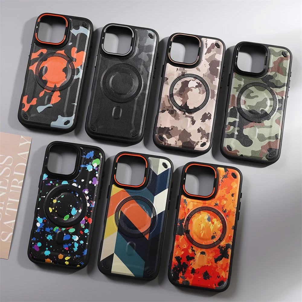 Premium MagSafe Magnetic iPhone Case — Camouflage Graffiti Armor Cover with Invisible Lens Holder, Kickstand, Anti-Fingerprint Matte Protection