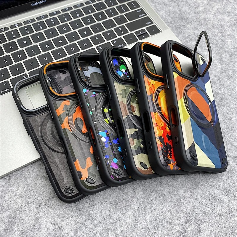 Premium MagSafe Magnetic iPhone Case — Camouflage Graffiti Armor Cover with Invisible Lens Holder, Kickstand, Anti-Fingerprint Matte Protection