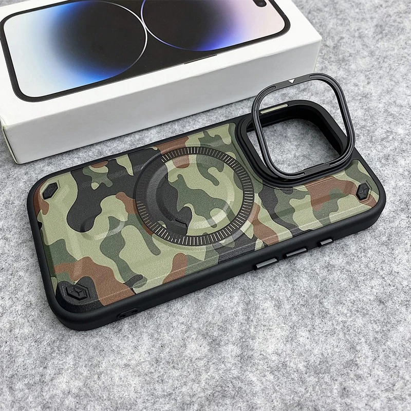 Premium MagSafe Magnetic iPhone Case — Camouflage Graffiti Armor Cover with Invisible Lens Holder, Kickstand, Anti-Fingerprint Matte Protection