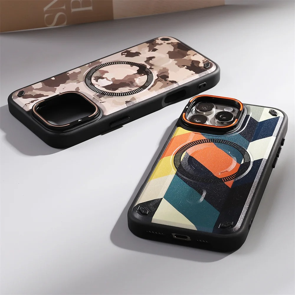 Premium MagSafe Magnetic iPhone Case — Camouflage Graffiti Armor Cover with Invisible Lens Holder, Kickstand, Anti-Fingerprint Matte Protection