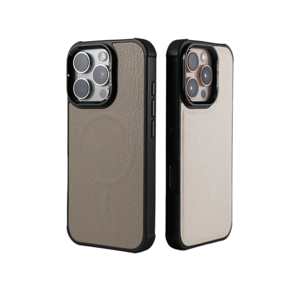 Premium MagSafe Magnetic iPhone Case — Metal Lens Kickstand, Leather Texture Grip, Shockproof Anti-Fingerprint Matte Protective Cover